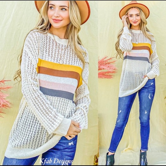 New! Clearance Colorblock Eyelet Hole Striped Lightweight Long Sleeve Sweater - Picture 2 of 9